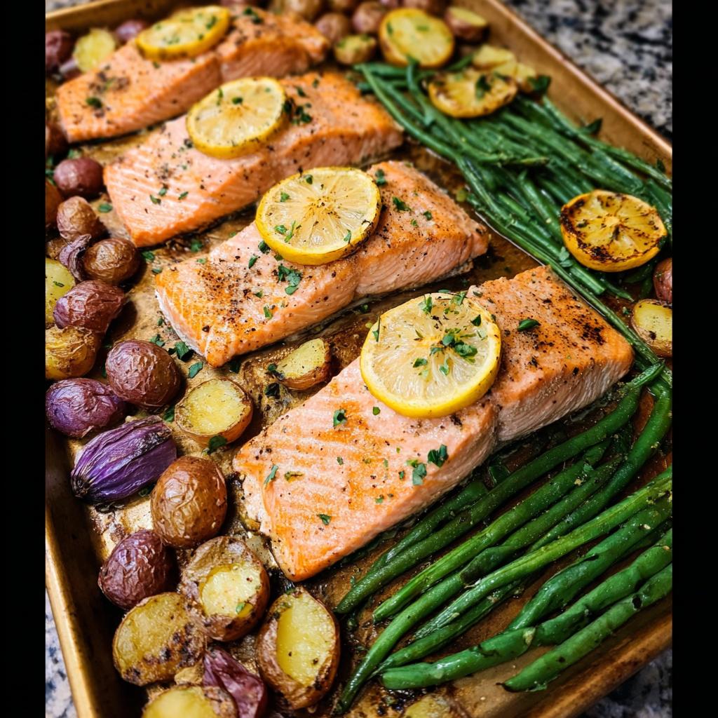A delicious sheet pan dinner featuring salmon fillets, roasted potatoes, and green beans, perfect for easy dinner recipes.