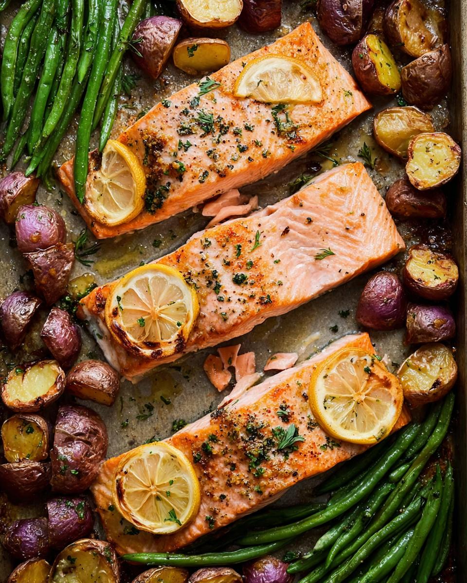 Three salmon fillets baked on a sheet pan with roasted potatoes and green beans, garnished with lemon slices and herbs.