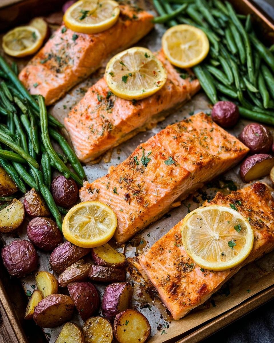 A close-up shot of a sheet pan dinner featuring perfectly cooked salmon fillets, roasted red potatoes, and fresh green beans, garnished with lemon slices.