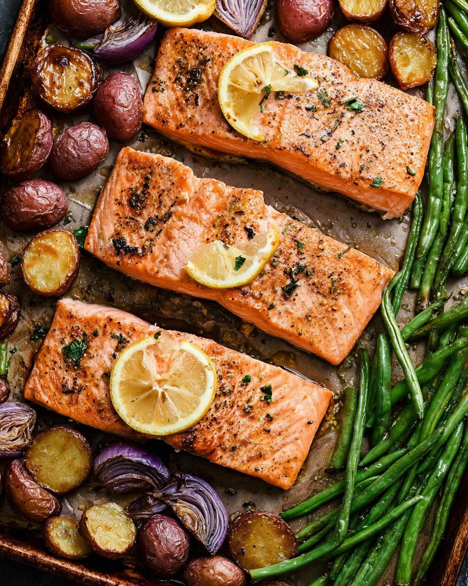 Three perfectly cooked salmon fillets on a baking sheet with roasted potatoes, red onion, and green beans, a pro dinner recipe.