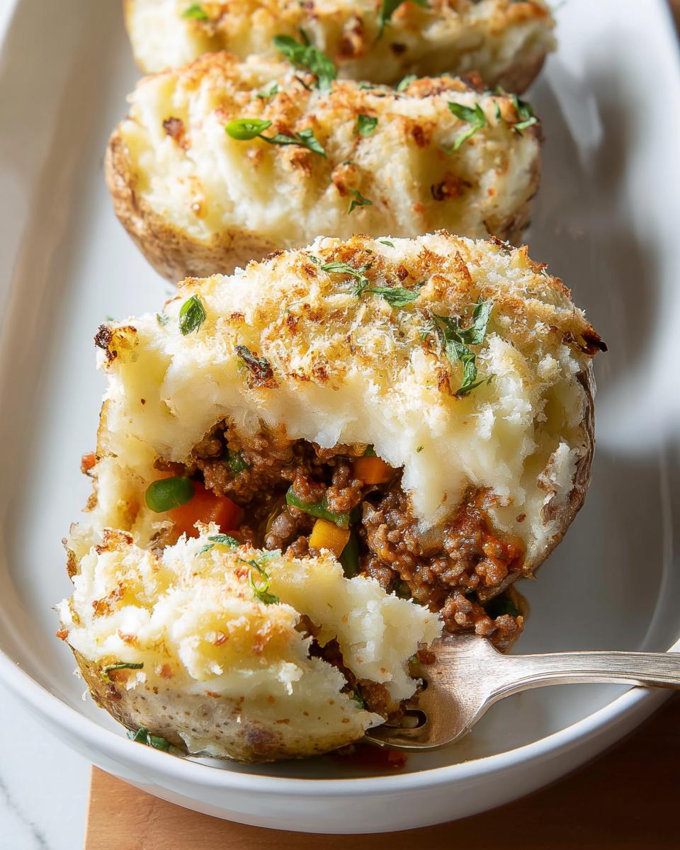 Close-up of a shepherd's pie stuffed potato, a comforting dinner recipe, with a fork digging into the mashed potato topping and savory meat filling.