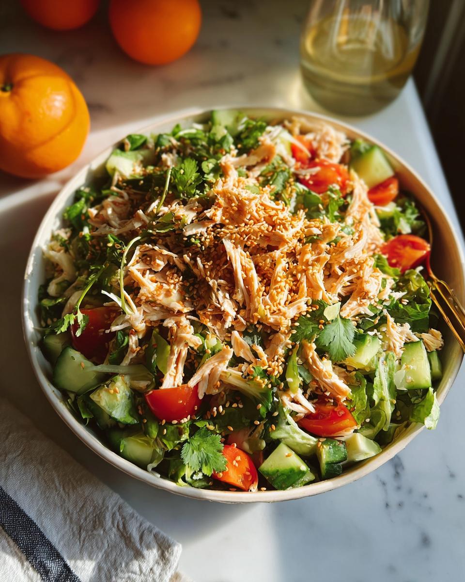 A vibrant shredded chicken salad with tomatoes, cucumbers, cilantro, and sesame seeds, perfect for simple chicken thigh recipes at home.