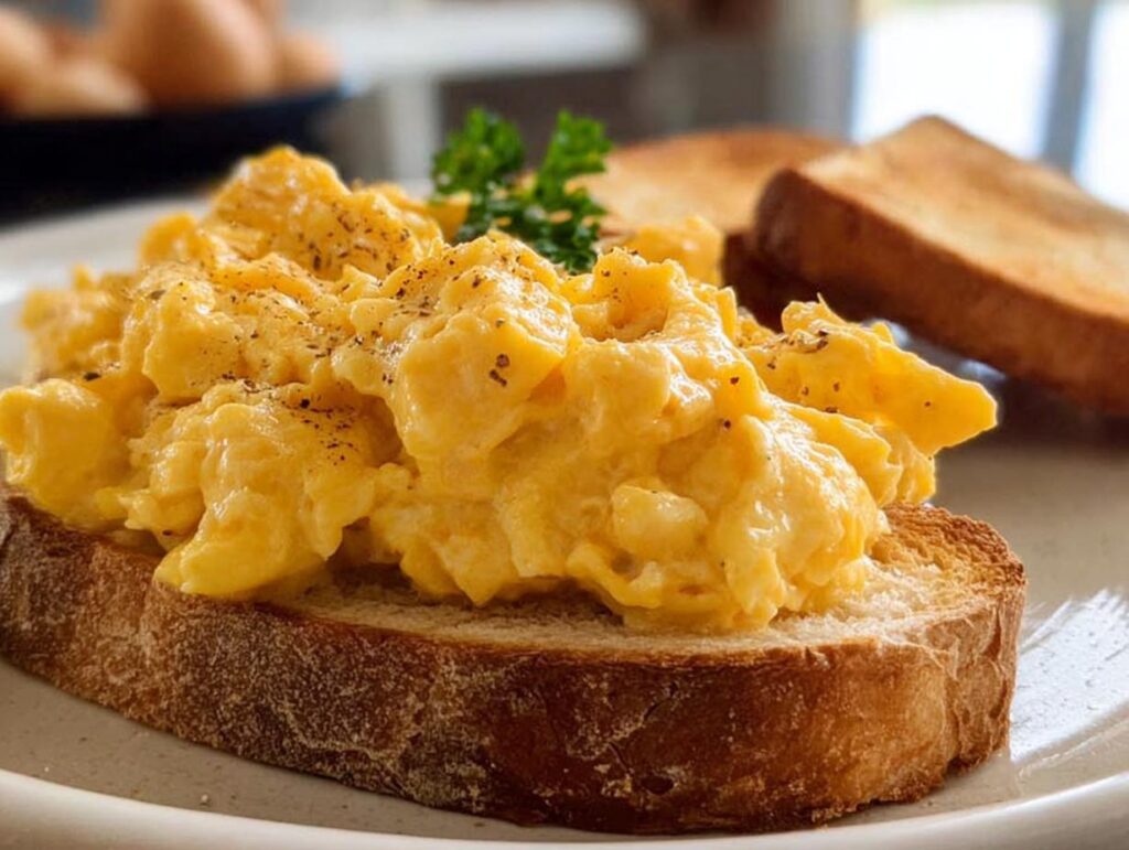 Fluffy scrambled eggs seasoned with pepper, served on toasted bread with a sprig of parsley. A perfect example of simple breakfast ideas at home.