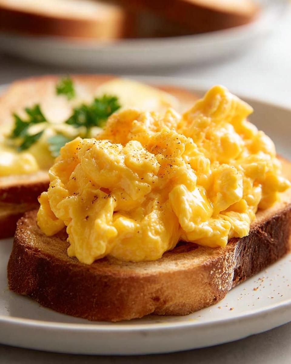 Close-up of fluffy scrambled eggs seasoned with pepper, served on toasted bread, a simple breakfast idea.