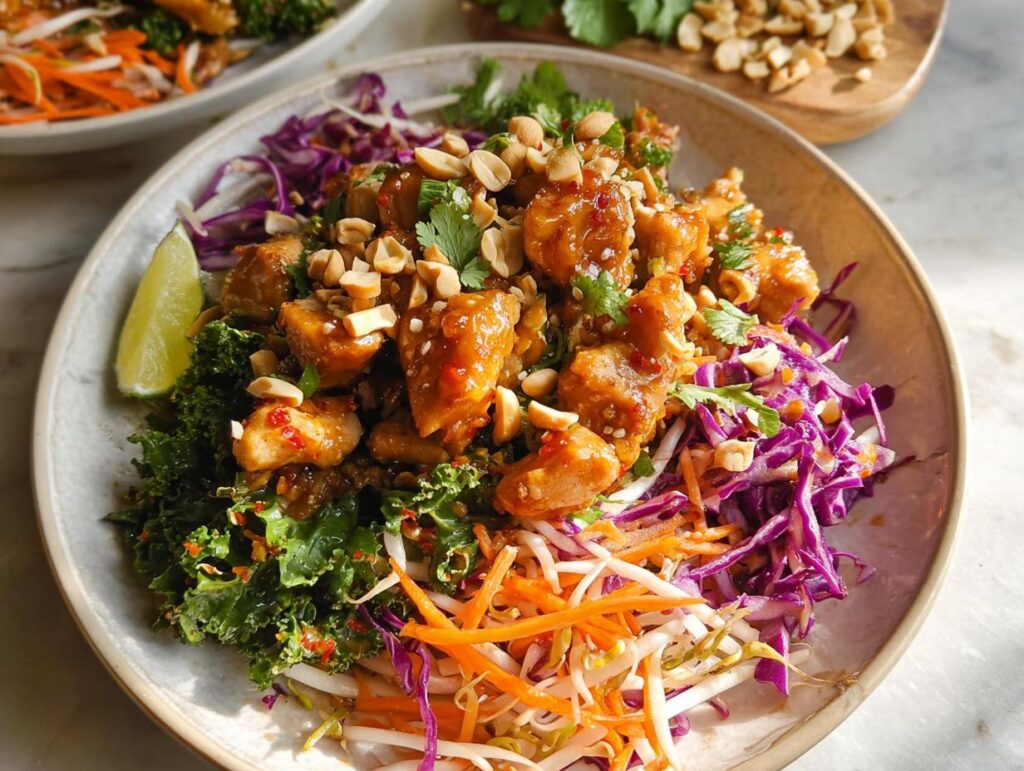 A vibrant bowl of Simple Chicken At Home served with shredded kale, red cabbage, carrots, bean sprouts, and topped with chopped peanuts and cilantro.