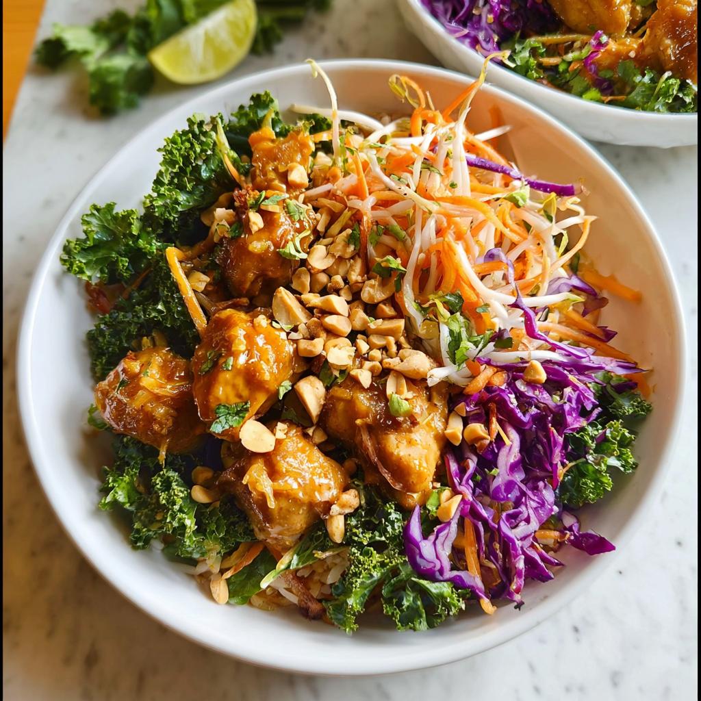 A vibrant bowl of Simple Chicken At Home with kale, shredded carrots, red cabbage, and peanuts.