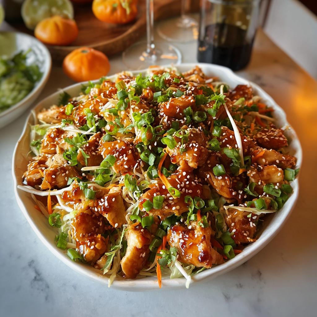 A close-up of a delicious and simple chicken thigh recipe, coated in a glossy sauce and topped with sesame seeds and green onions.