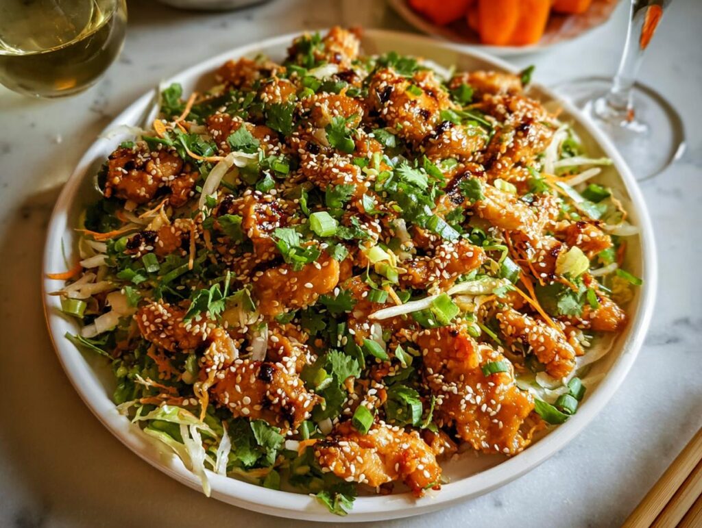 Close-up of a delicious Asian-inspired chicken thigh dish, topped with sesame seeds, green onions, and cilantro.
