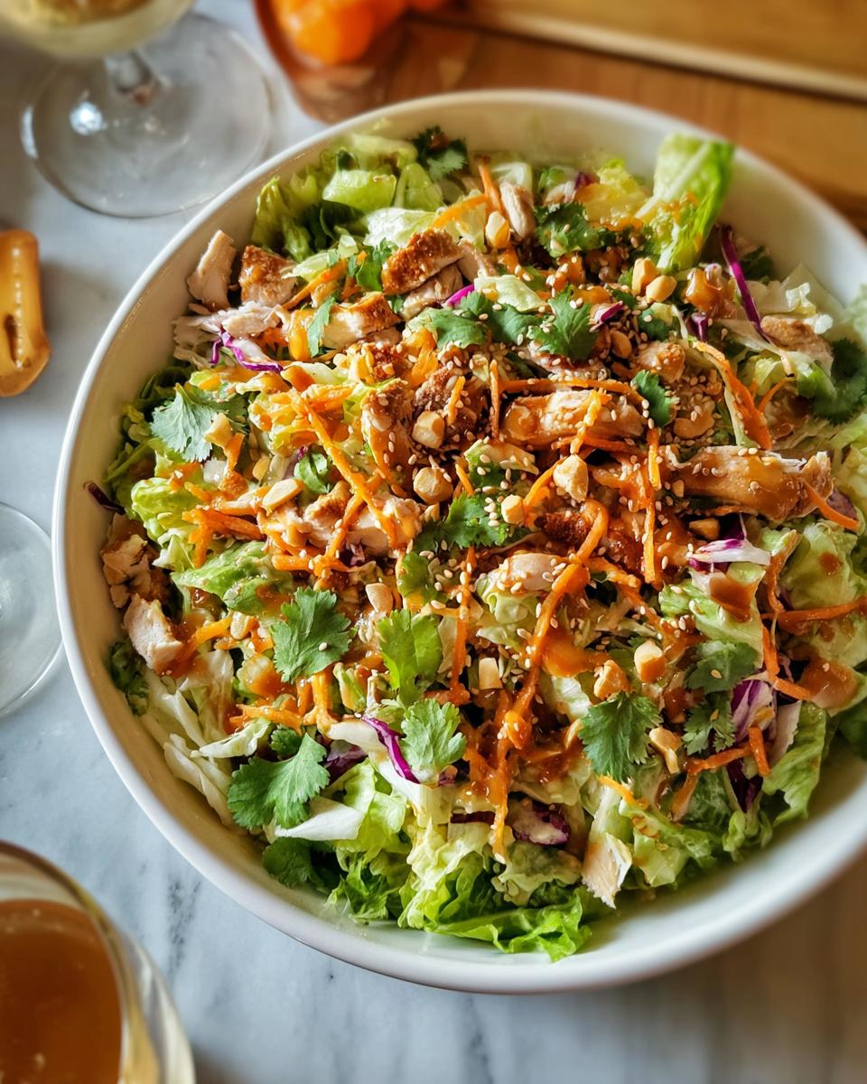 A vibrant Asian chicken salad with shredded chicken, lettuce, carrots, and a peanut dressing, perfect for simple chicken thigh recipes.