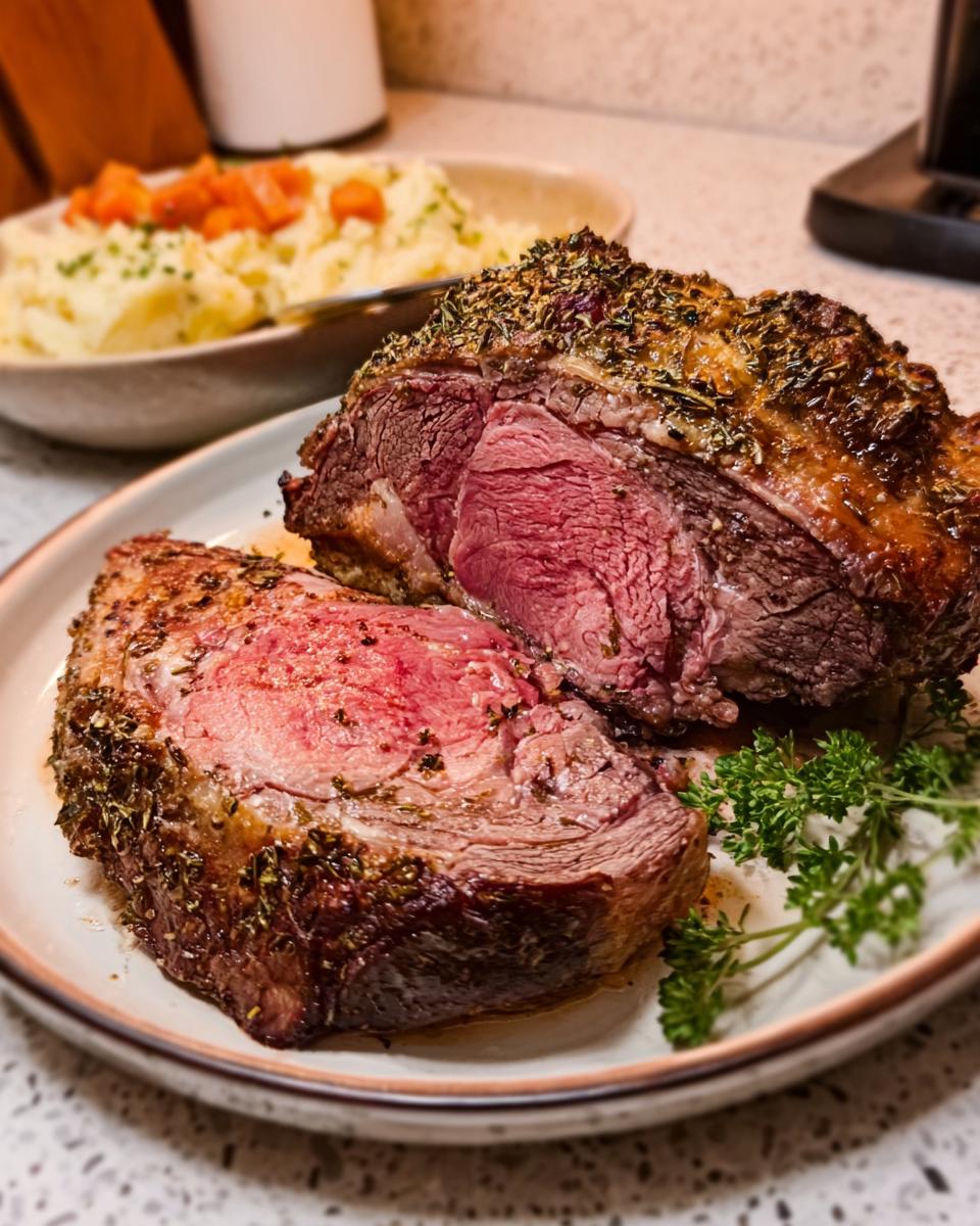 A perfectly cooked Simple Prime Rib At Home, sliced to reveal a juicy pink center, seasoned with herbs and served with mashed potatoes.