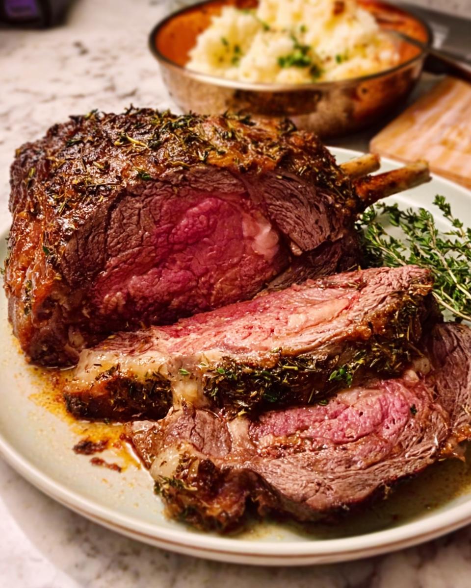 A perfectly cooked Simple Prime Rib At Home, sliced to reveal a juicy pink center and herb-crusted exterior.