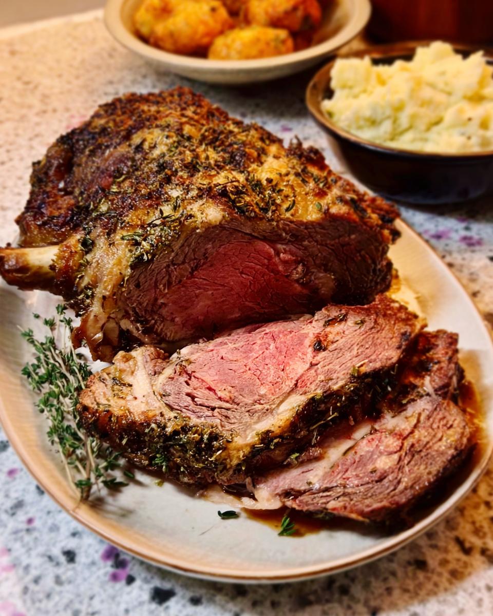 A perfectly cooked Simple Prime Rib At Home, sliced to reveal a juicy pink center, seasoned with herbs.