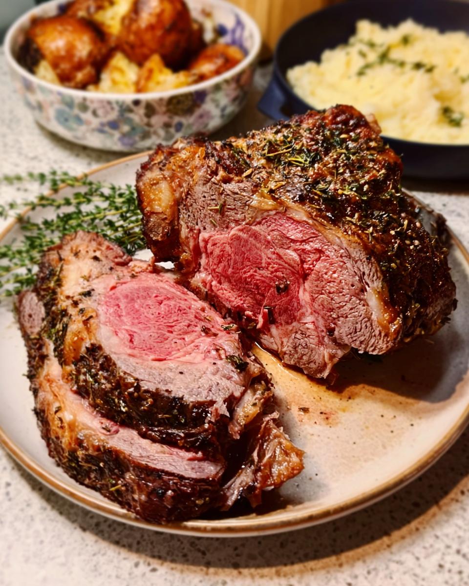 A perfectly cooked Simple Prime Rib At Home, sliced to reveal a juicy pink center, seasoned with herbs.