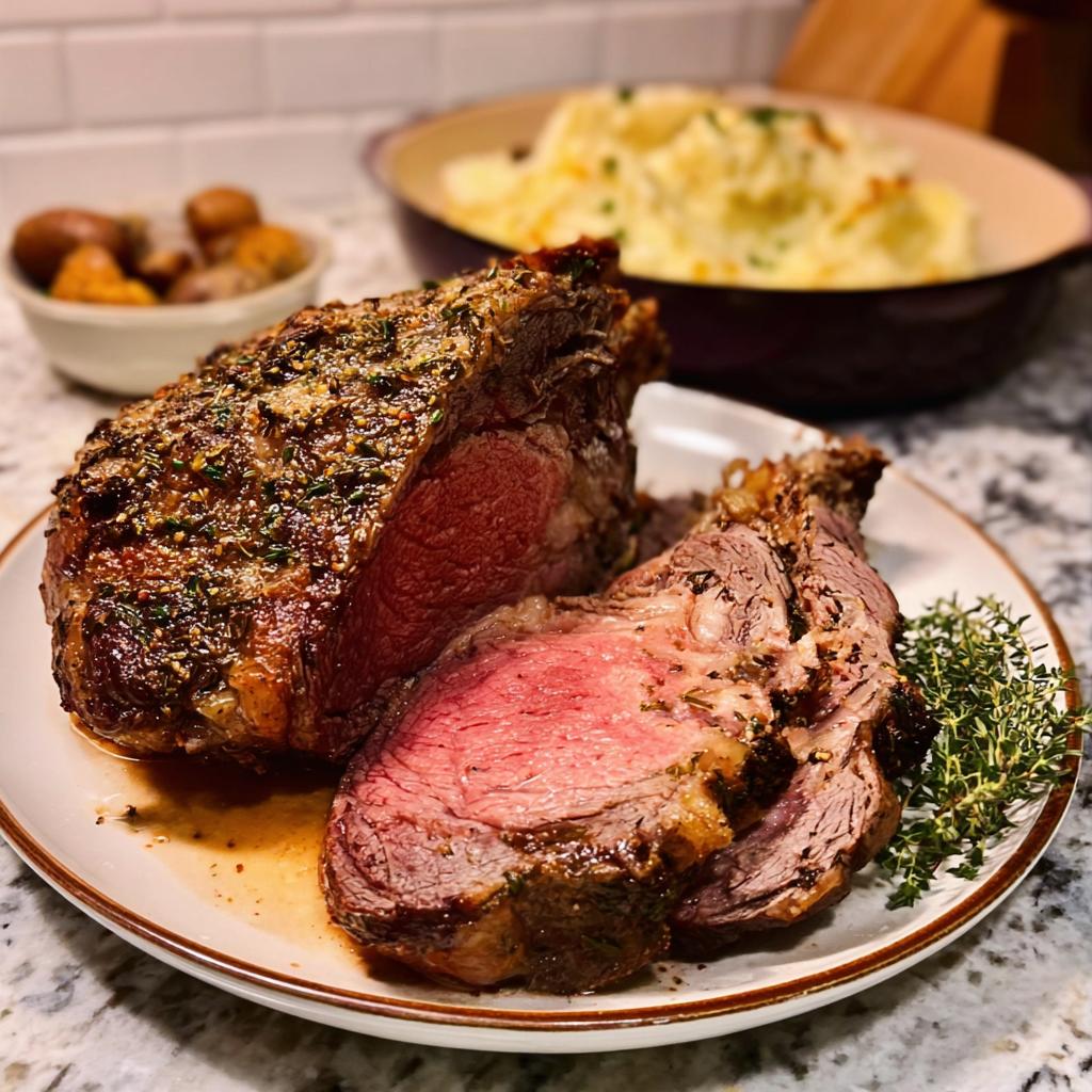 A perfectly cooked Simple Prime Rib At Home, sliced to reveal a juicy pink center, garnished with fresh thyme.