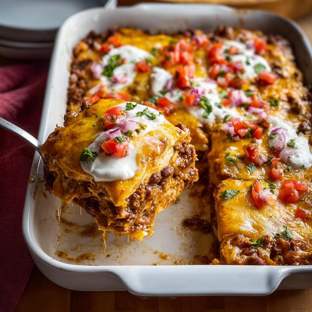 A serving spoon lifts a generous slice of skillet lasagna made with simple ground beef recipes, topped with sour cream, tomatoes, and onions.