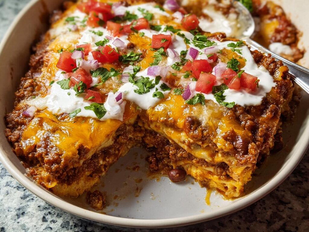 A slice of skillet lasagna with ground beef, cheese, and toppings, showcasing one of the simple ground beef recipes at home.
