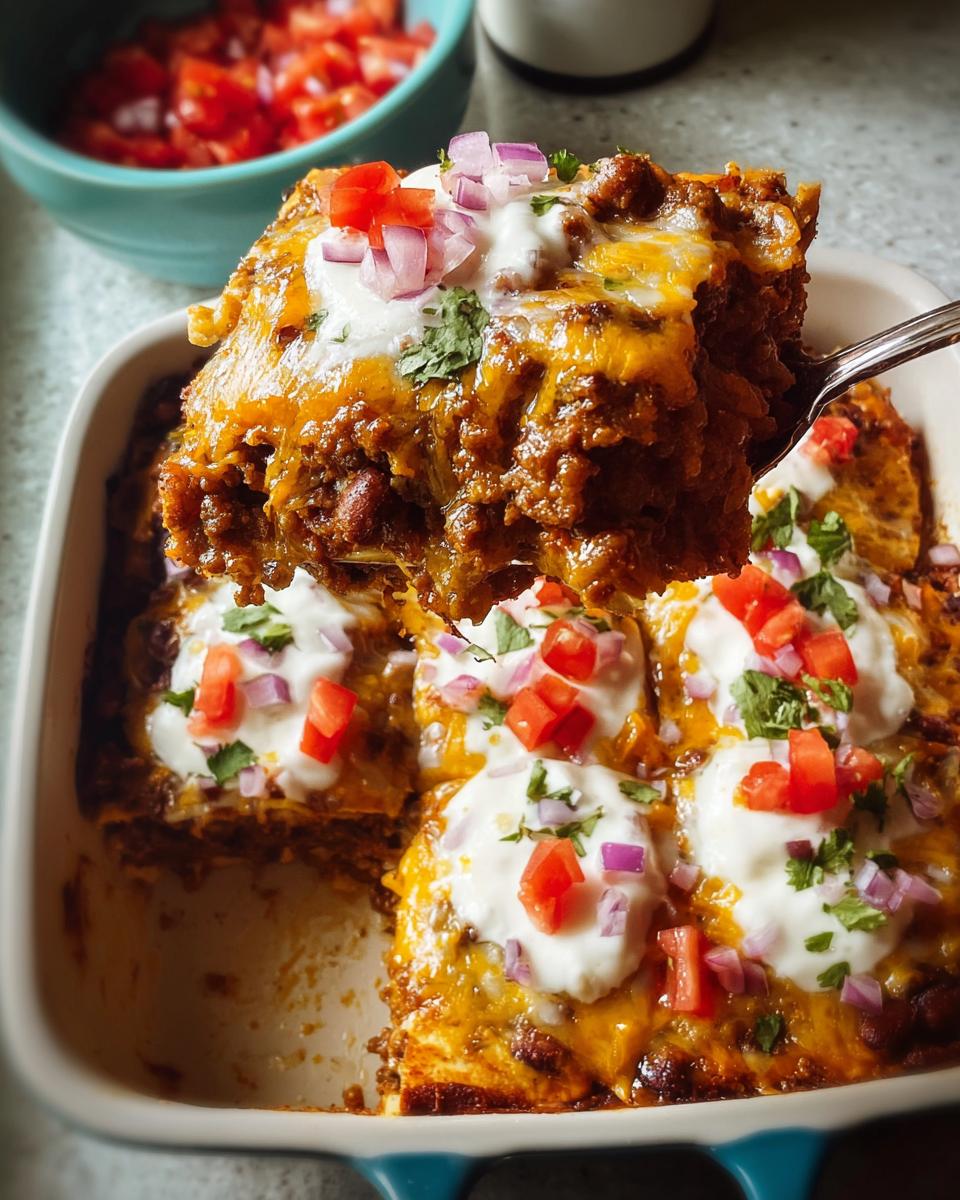 A scoop of skillet lasagna made with ground beef, cheese, and topped with sour cream, tomatoes, and red onion.