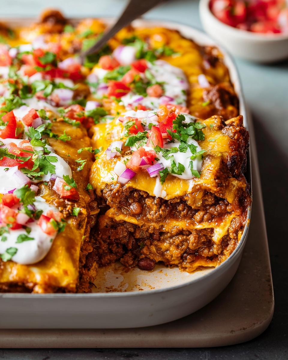 A slice of skillet lasagna made with simple ground beef recipes, topped with cheese, sour cream, tomatoes, and cilantro.