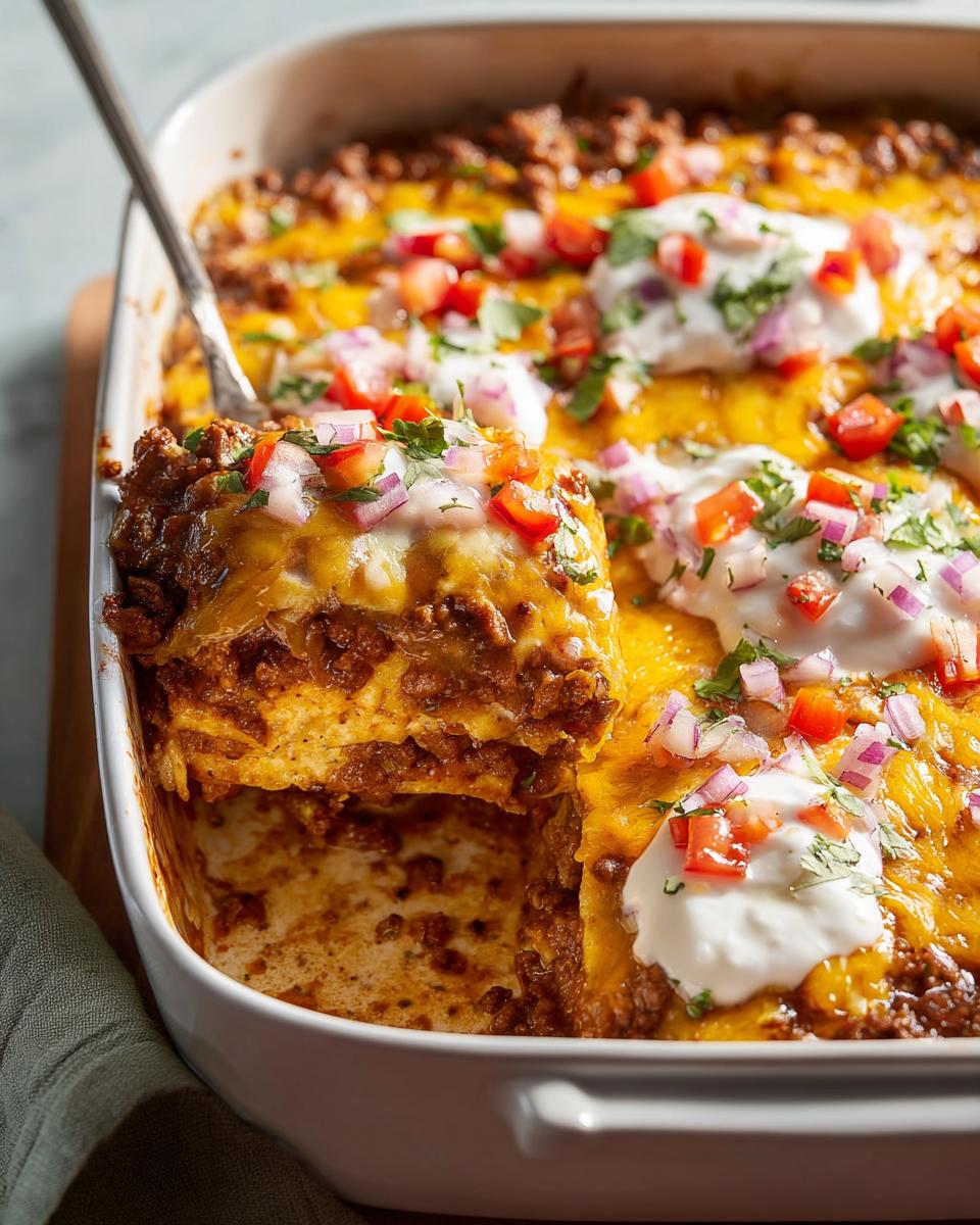 A serving of skillet lasagna with ground beef, melted cheese, sour cream, tomatoes, and red onions.