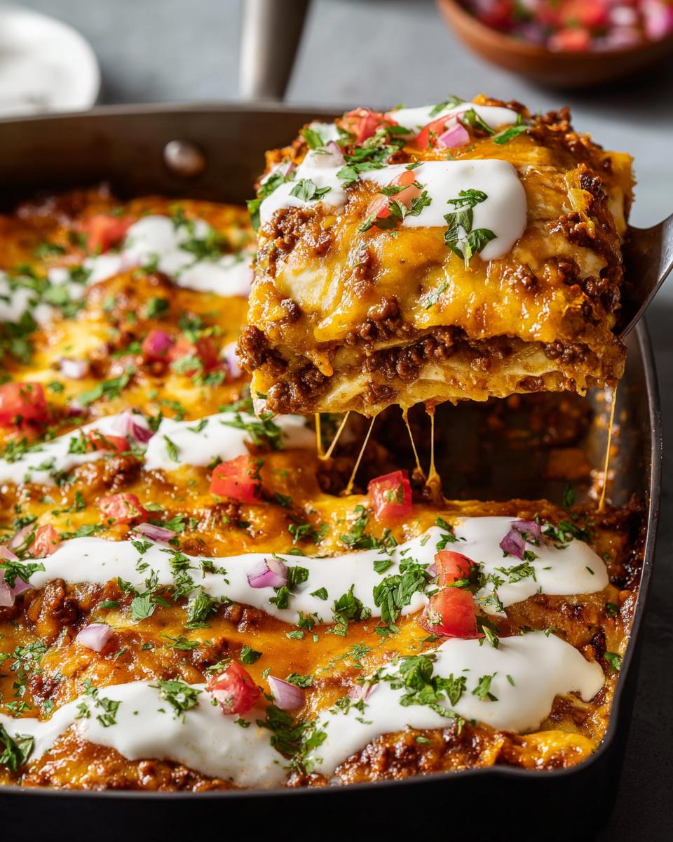 A slice of skillet lasagna with ground beef, cheese, and toppings being lifted from a pan.