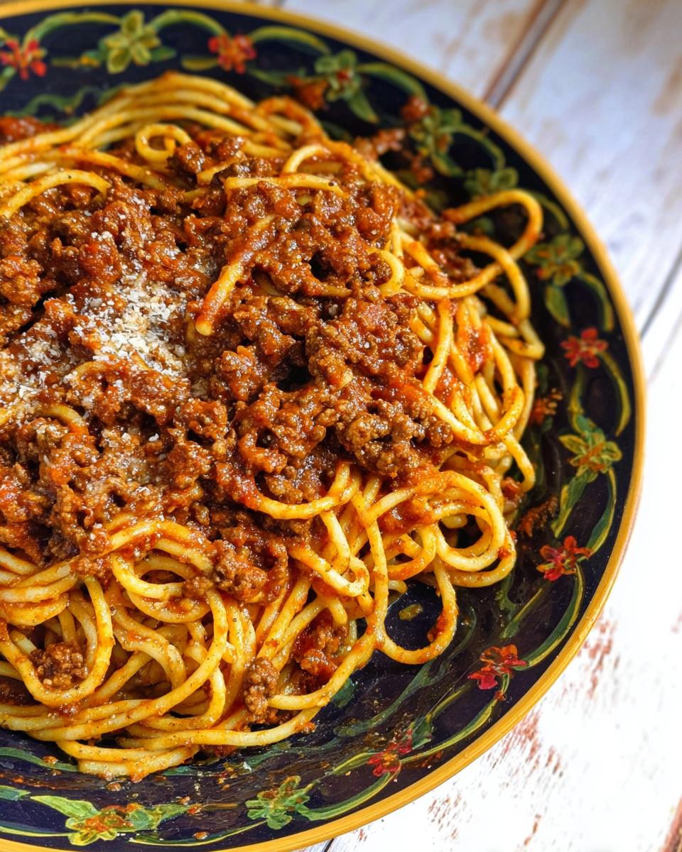 A close-up of spaghetti topped with a rich ground beef sauce, sprinkled with parmesan cheese. A perfect example of best ground beef recipes for busy nights.