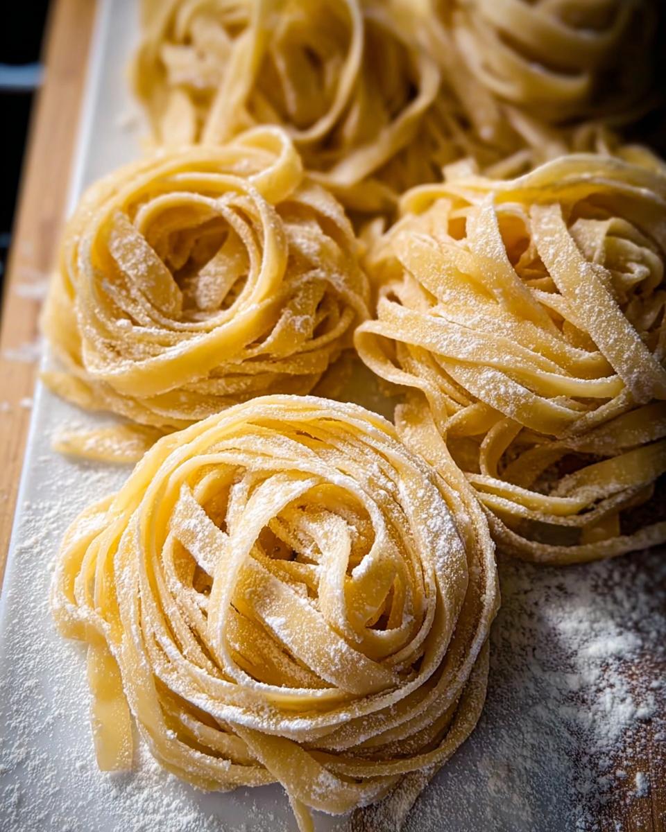 Close-up of fresh tagliatelle pasta nests dusted with flour, part of easy pasta recipes.