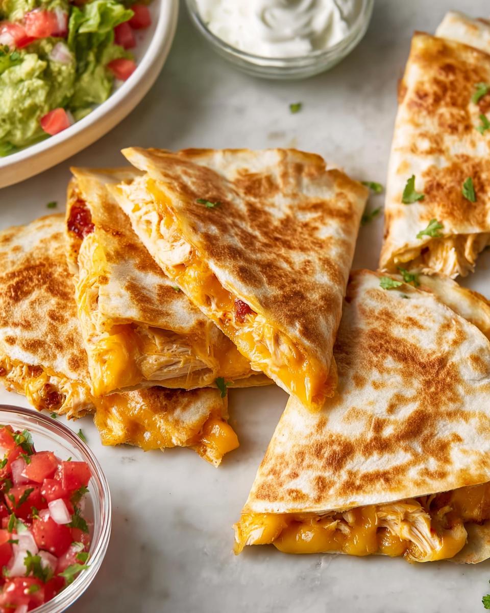 Golden brown chicken quesadillas filled with melted cheese, served with pico de gallo and sour cream.