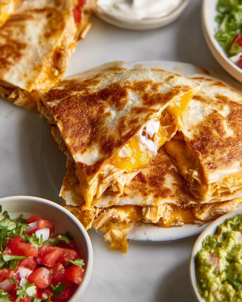 Golden brown chicken quesadillas, generously filled with melted cheese and shredded chicken, served with pico de gallo and guacamole.