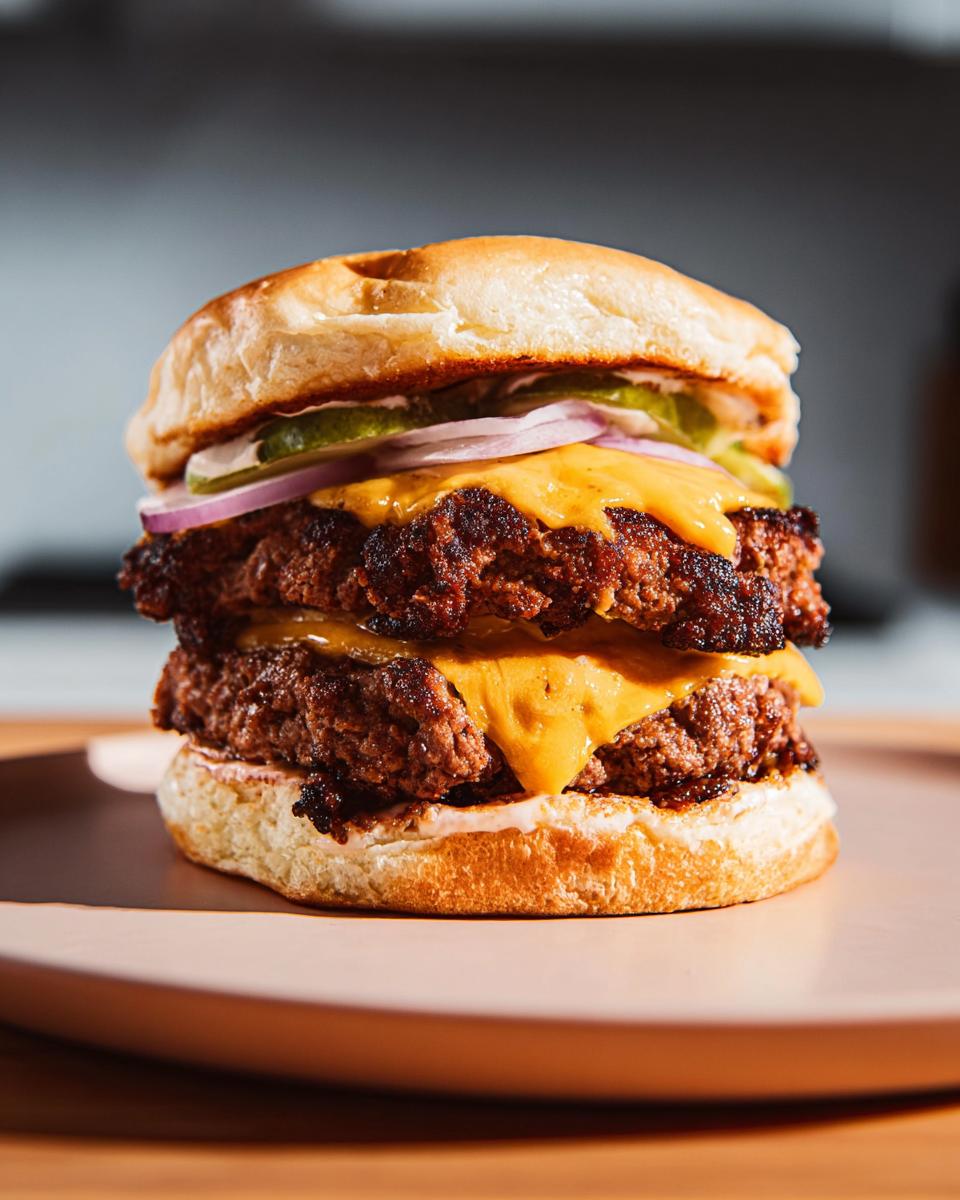 A juicy double ground beef burger with melted cheese, pickles, and onions on a bun.