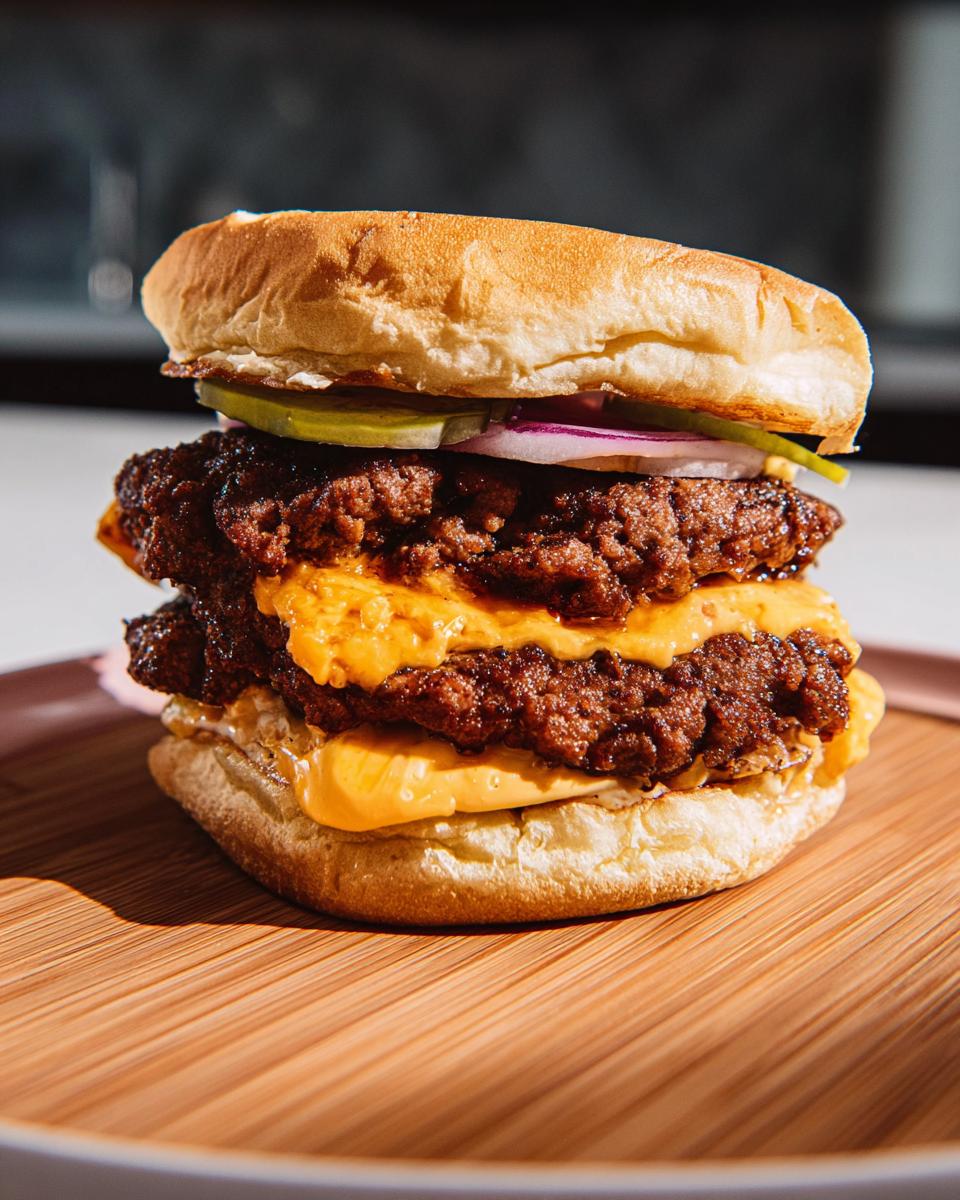 A juicy double ground beef burger with melted cheese, pickles, and red onion on a bun.