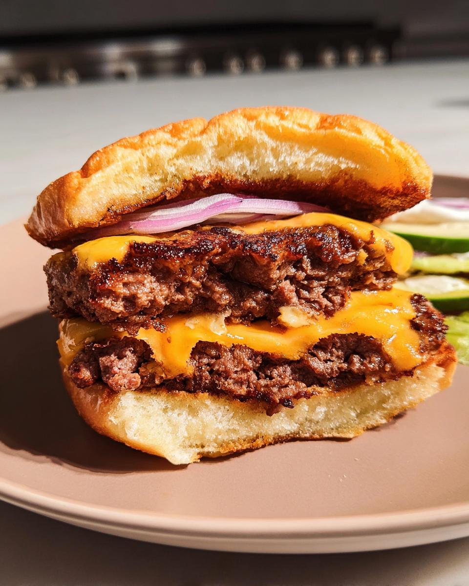 A close-up of a juicy double ground beef burger with melted cheese and red onion slices.