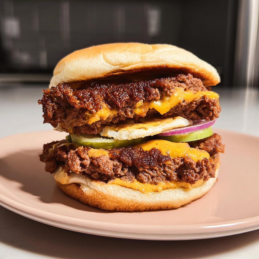 A double ground beef burger with melted cheese, pickles, onion, and a bun, part of Ultimate Ground Beef Recipes.