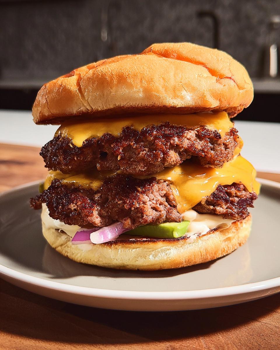 A delicious double cheeseburger with melted cheddar cheese, juicy ground beef patties, and fresh toppings.