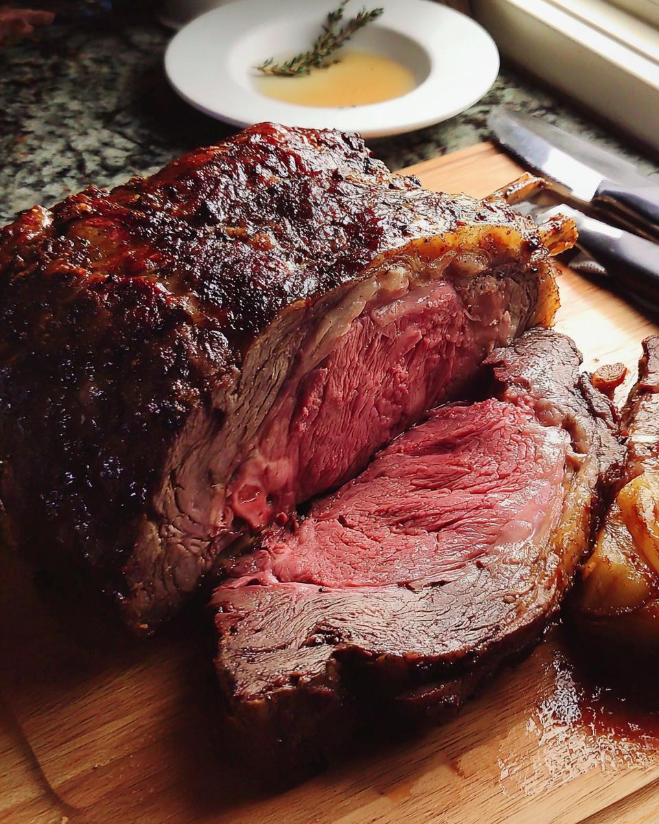 A perfectly roasted prime rib roast, sliced to reveal its juicy, pink interior, part of the Ultimate Prime Rib Guide.