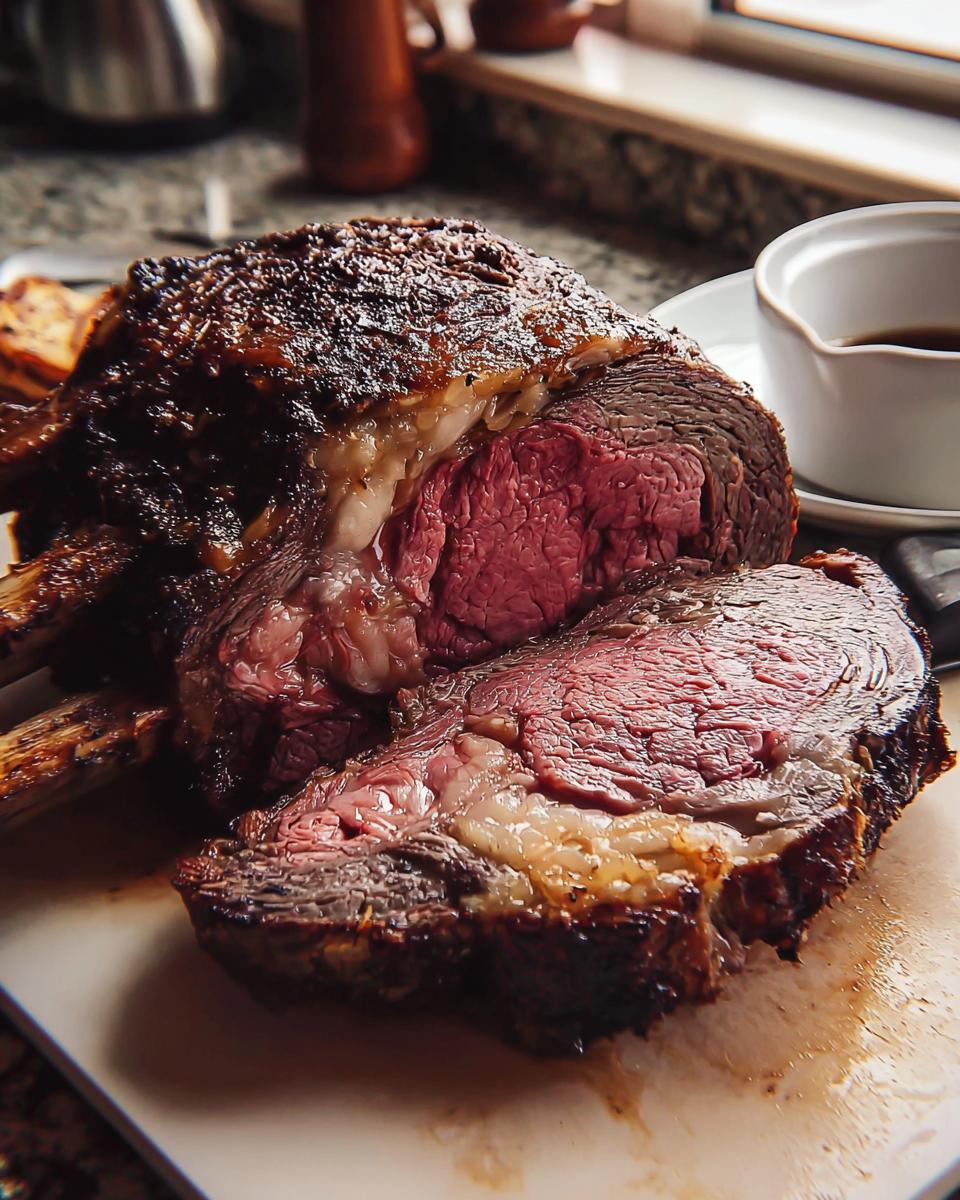 Close-up of a perfectly cooked, juicy prime rib roast with a dark crust and pink interior, part of the Ultimate Prime Rib Guide.