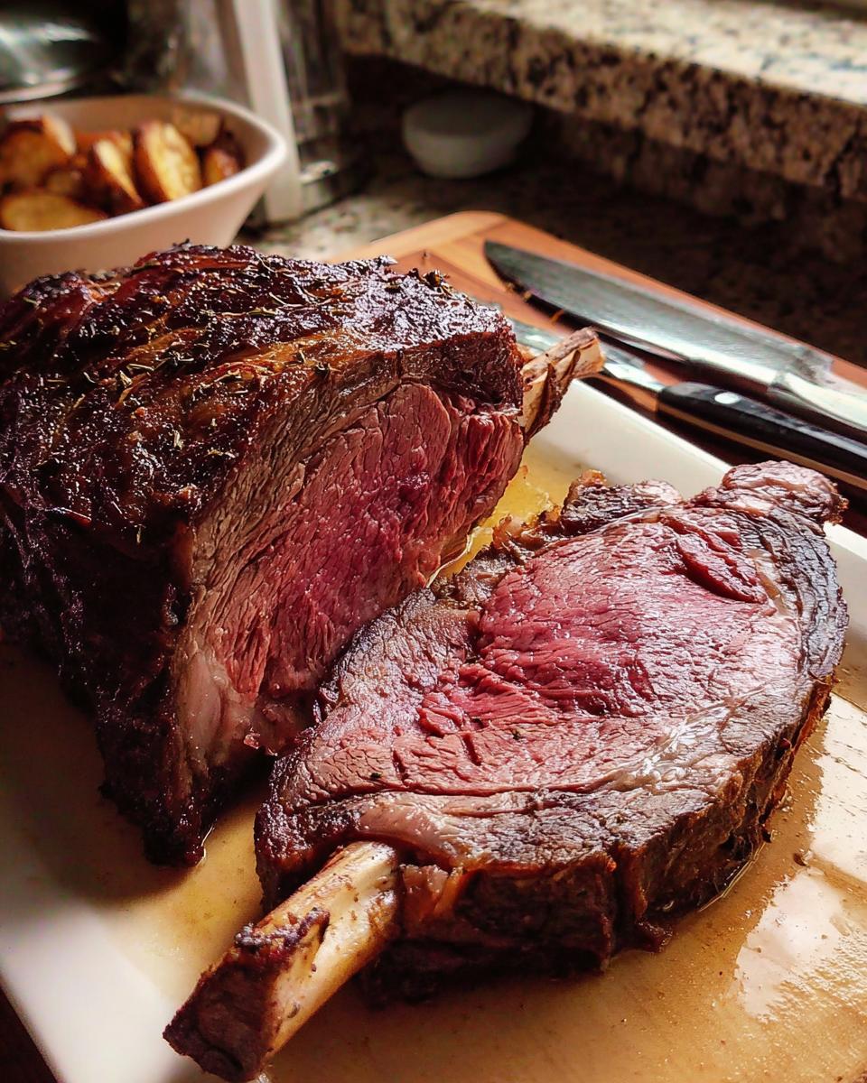 A perfectly cooked, juicy prime rib roast, sliced to reveal its pink, tender interior, with a bone-in cut prominently displayed.