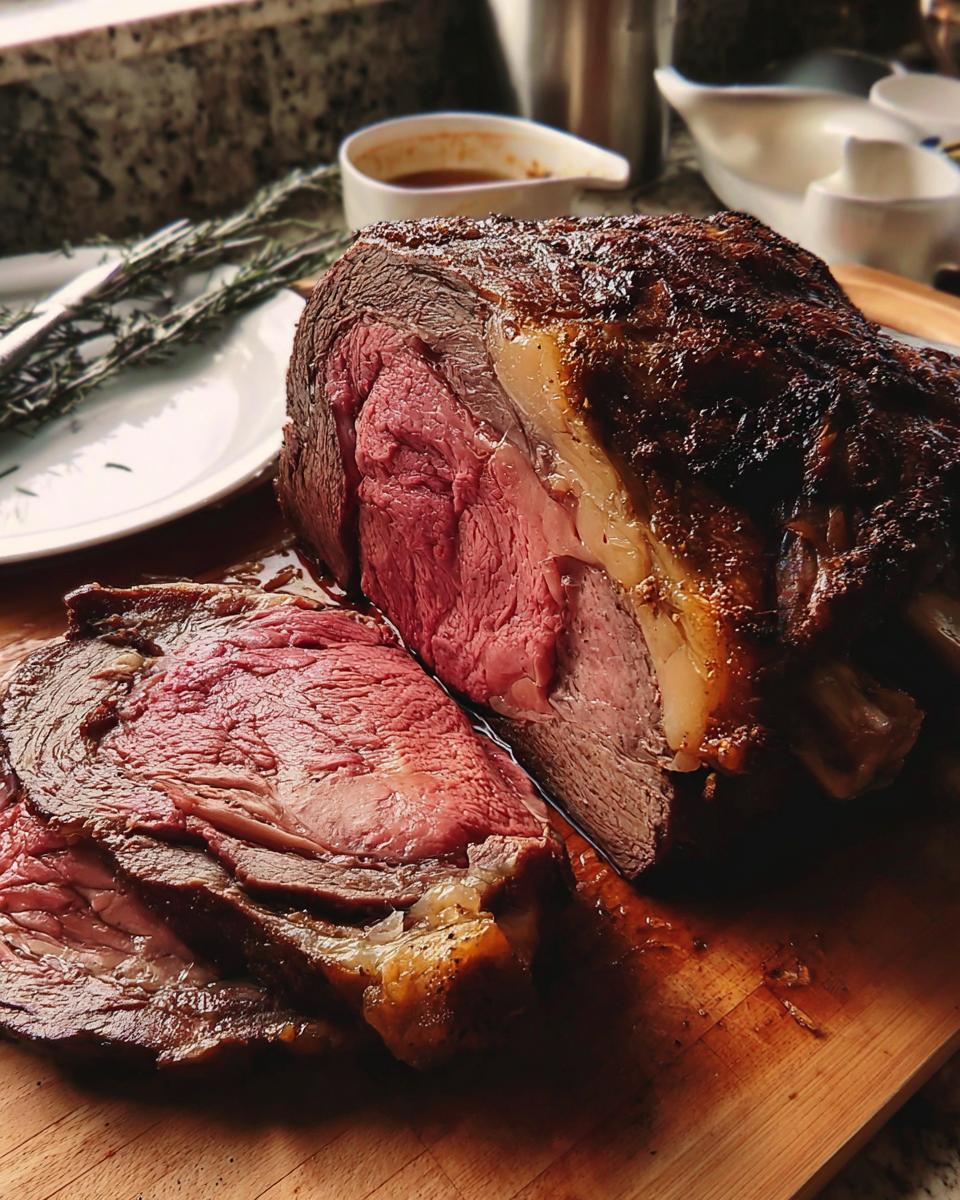 A perfectly roasted prime rib, sliced to reveal a juicy pink interior, resting on a wooden cutting board with rosemary and gravy.