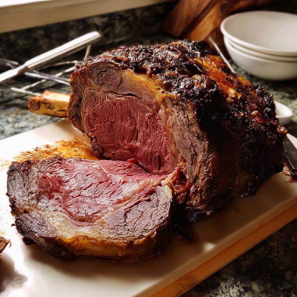 A perfectly cooked, juicy prime rib roast with a dark, crusty exterior, sliced to reveal a tender pink interior.