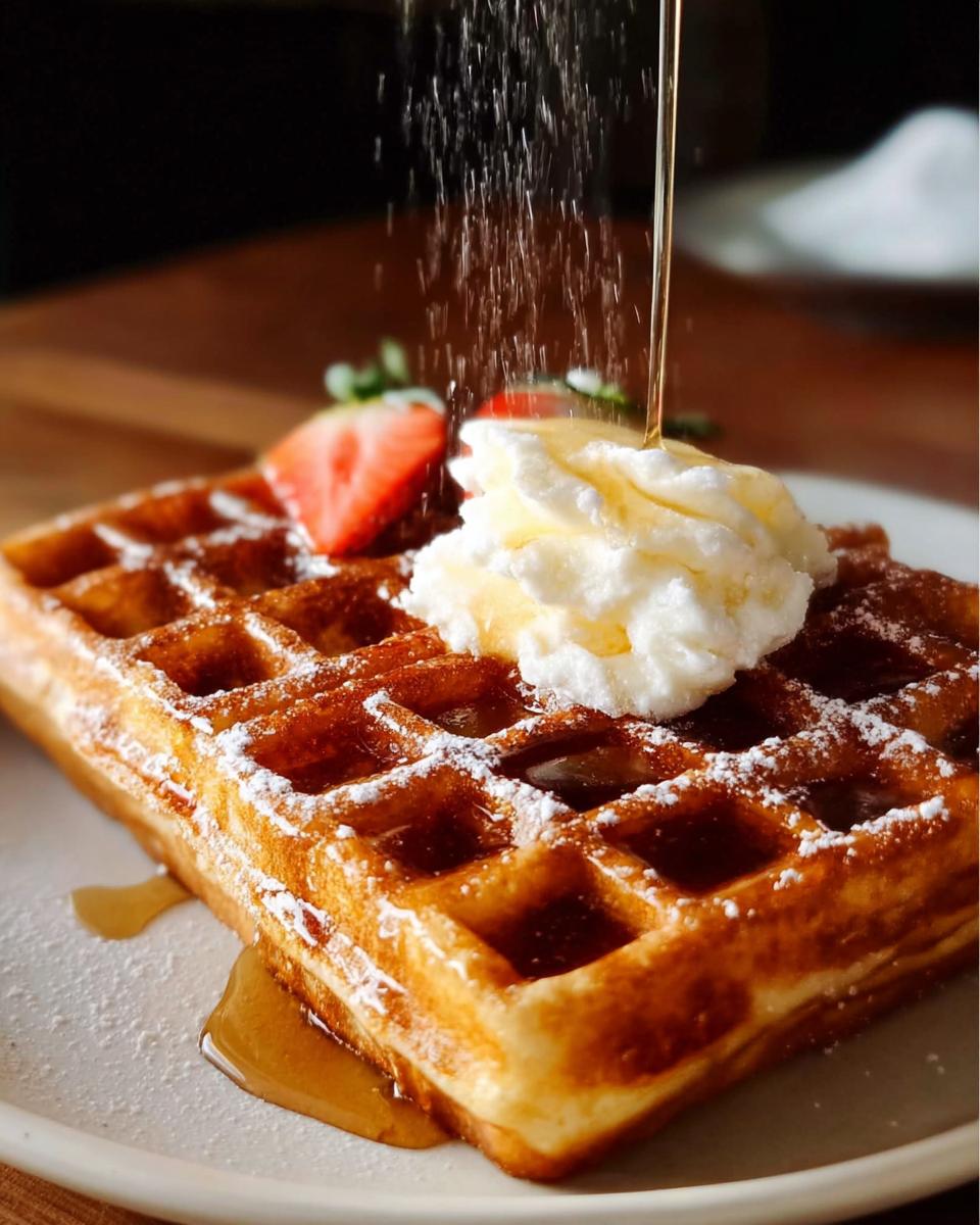 A golden-brown waffle topped with whipped cream, strawberries, and drizzled with syrup, perfect for weeknight breakfast ideas.
