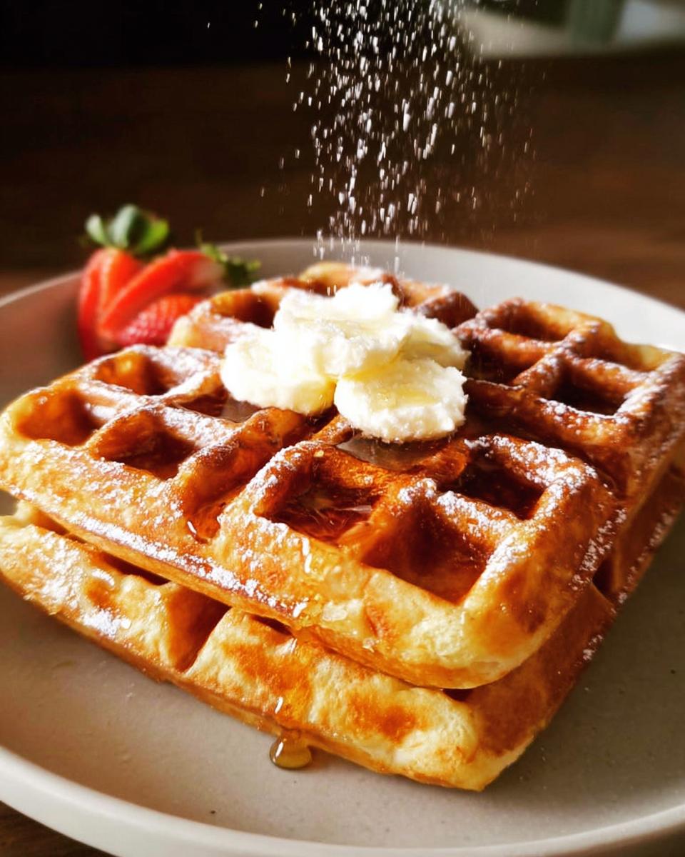 Close-up of stacked waffles with powdered sugar being sprinkled on top, served with butter, syrup, and a strawberry slice.