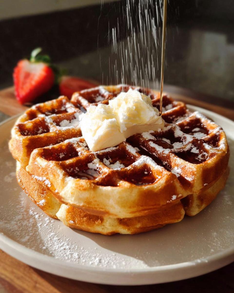 Stack of golden waffles topped with butter and powdered sugar, with syrup being drizzled, perfect for weeknight breakfast ideas.