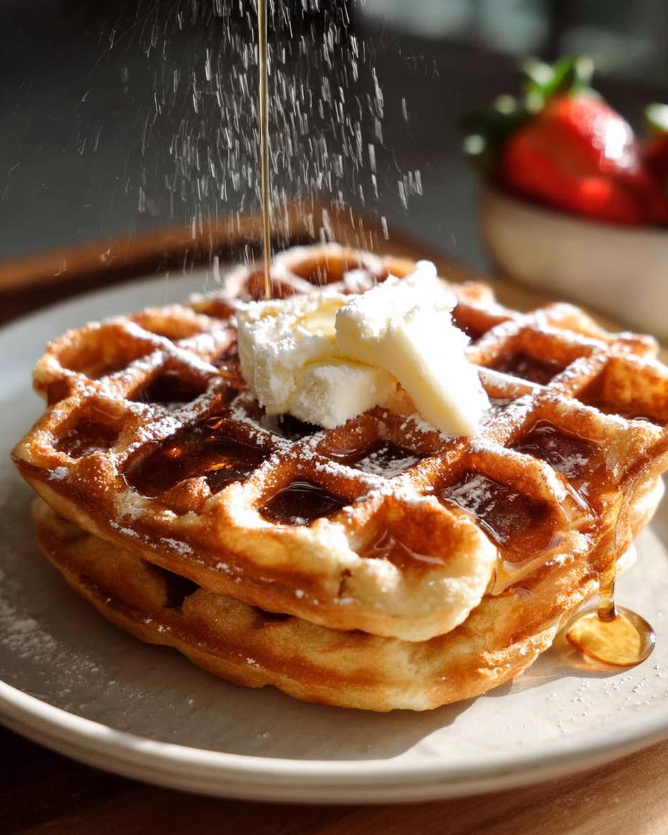 A stack of golden-brown waffles topped with butter and syrup, with powdered sugar being sprinkled on top. A bowl of strawberries is visible in the background.