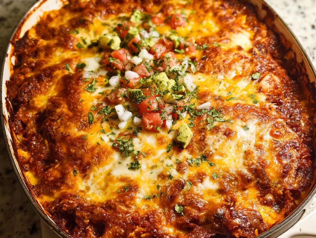 A bubbling chicken casserole with melted cheese, topped with fresh pico de gallo and avocado, perfect for a weeknight meal.