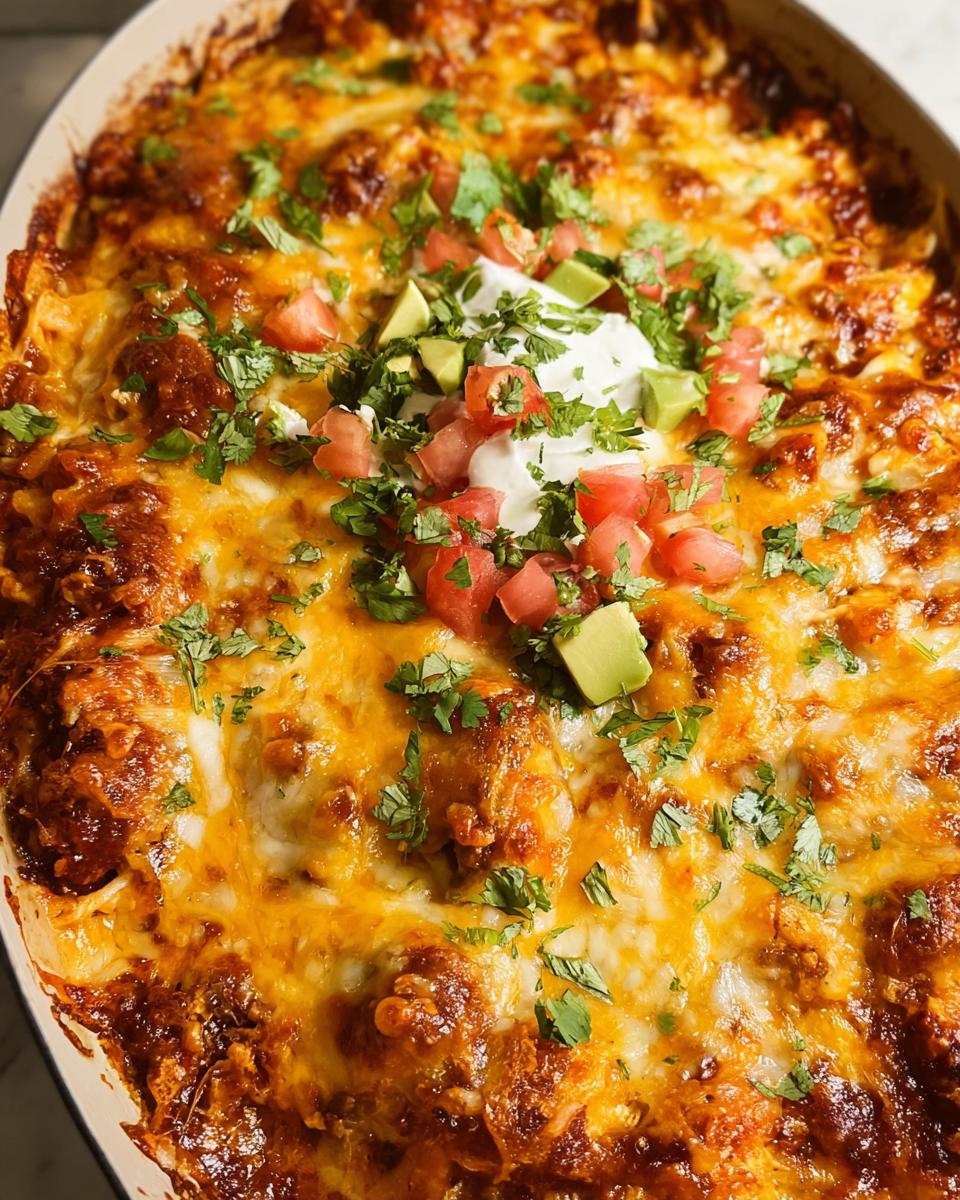 A bubbly, cheesy weeknight chicken casserole topped with sour cream, diced tomatoes, avocado, and cilantro.