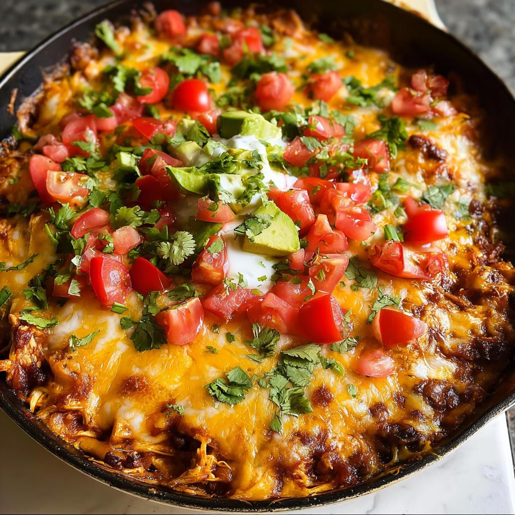 A bubbling skillet casserole of shredded chicken, melted cheese, tomatoes, avocado, and cilantro.