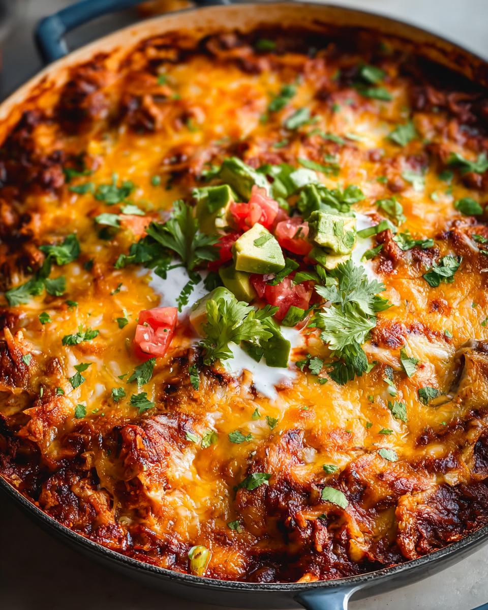A bubbling hot weeknight chicken casserole topped with melted cheese, sour cream, avocado, tomato, and cilantro.