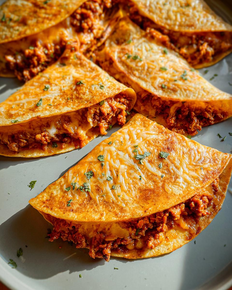 Close-up of crispy weeknight chicken thigh tacos filled with seasoned meat and melted cheese, garnished with herbs.