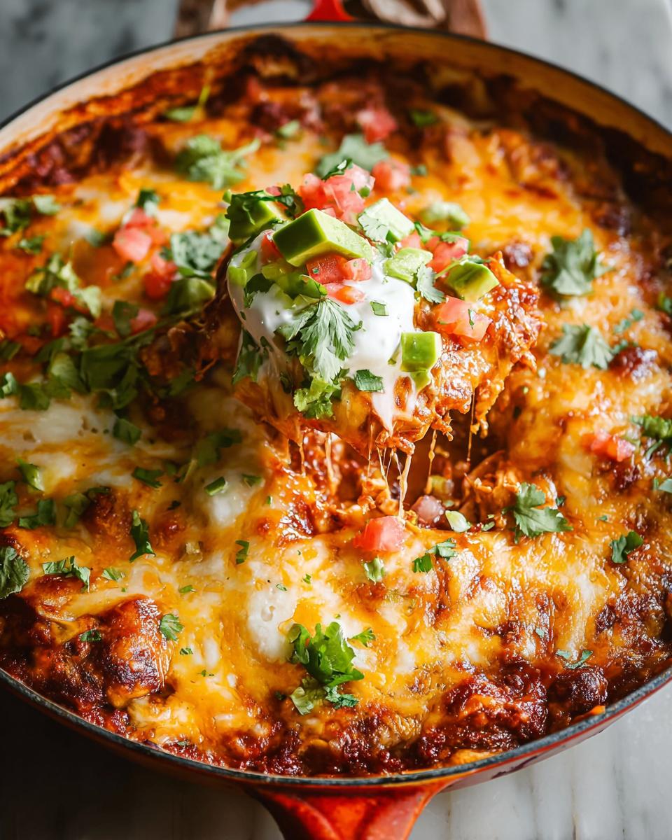 A scoop of cheesy Weeknight Chicken You’ll Love casserole topped with avocado, tomato, sour cream, and cilantro.