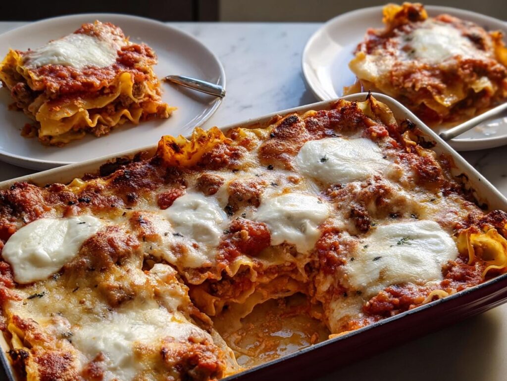 A pan of delicious, cheesy lasagna with a slice already served on a plate, perfect for weeknight dinner recipes.