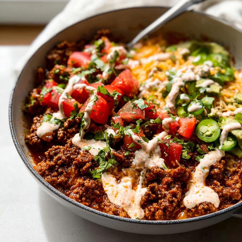 Close-up of a delicious weeknight ground beef recipe topped with fresh tomatoes, avocado, jalapenos, and a creamy sauce.